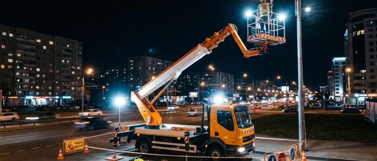 Как проводится ночная работа автовышки в городе: требования безопасности и освещения